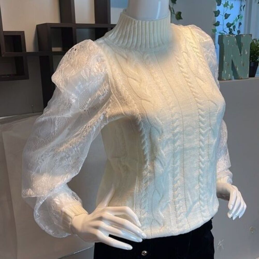Zaful Mock Neck Cable Knit Lace Mesh Sleeve Ivory Sweater Size 4 - Picture 5 of 16
